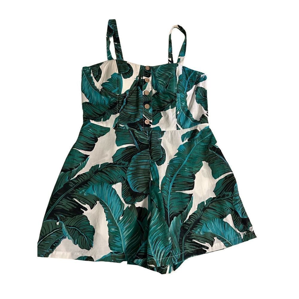 Boohoo Nasty Gal Romper Playsuit Green White 50s Style Palm Leaves Womens Sz L
